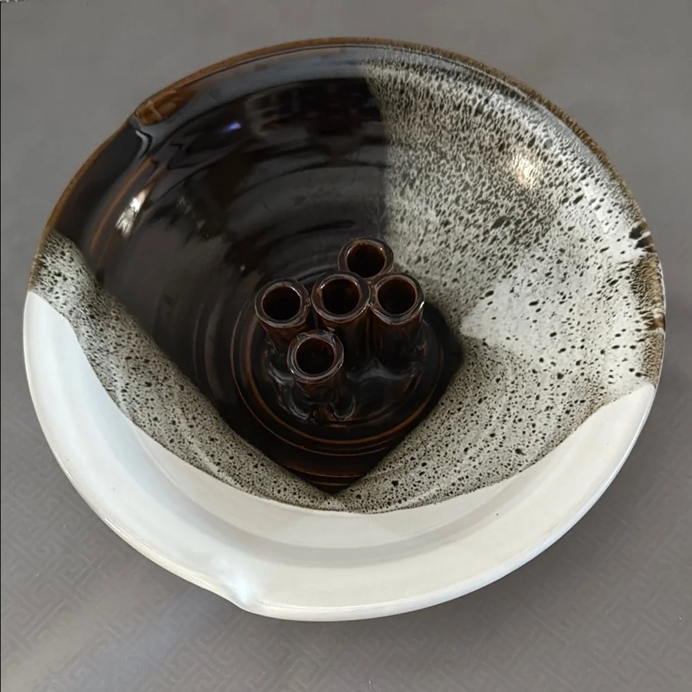 Ceramic Art Pottery Ikebana 5 Stem Flower Frog Vase Bowl Dish Handmade Signed